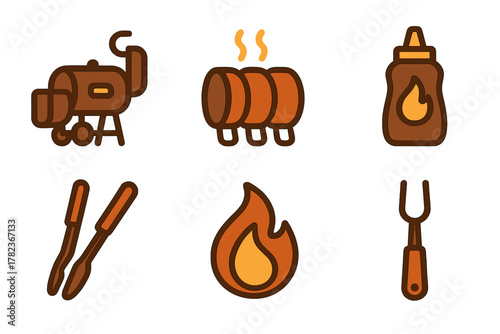 Various icons representing barbecuing activities including grill, food, and tools for outdoor cooking enjoyment in warm weather
