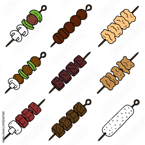 Vector Illustration, Collection of 9 Kebabs
