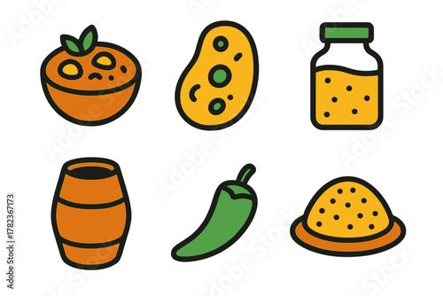 Colorful assortment of food items and ingredients on a simple background showcasing diverse culinary elements