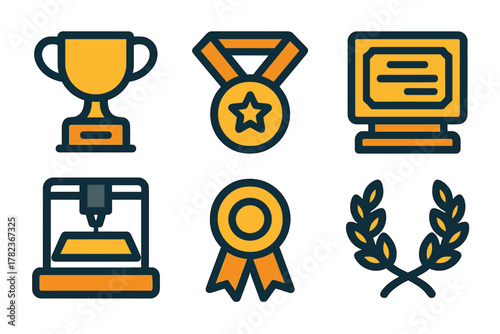 Diverse symbols representing achievement, award, and recognition in various forms showcasing dedication and success