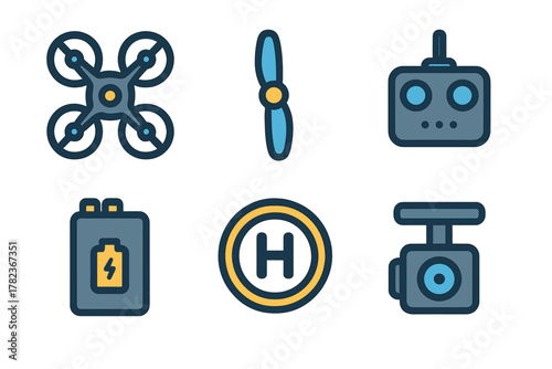 Various drone components and accessories displayed together on a white background