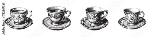 Vintage tea cups with intricate designs on saucers, perfect for a classic tea party.