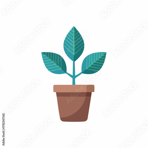 Stylized indoor houseplant in a brown flower pot featuring three vibrant blue green leaves