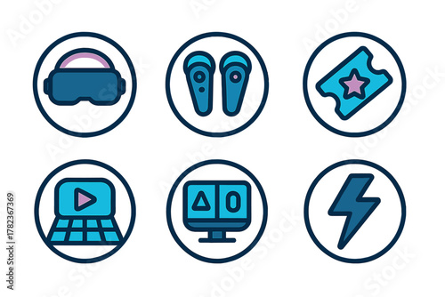 Virtual gaming elements including VR headset, controllers, ticket, laptop, monitor, and lightning symbol displayed in a simplified style