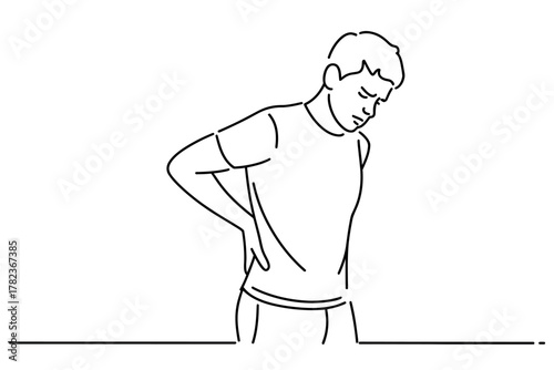 Man experiencing back pain with hand on lower back in minimalist black and white line art illustration style