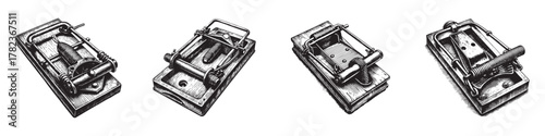 A collection of four vintage mouse traps showcasing classic design and sturdy construction.