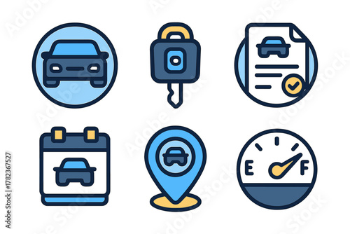 Car rental icons representing reservation, security, contract, location, and fuel level in a simple graphic style
