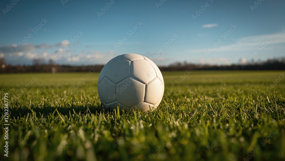 Fototapeta premium Classic white soccer ball resting on vibrant green grass, illuminated by sunlight, showcasing a distinct shadow, focus on sports activity