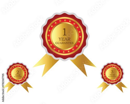 Gold and Red Ribbon Guarantee Badges Set for 1, 2, and 3 Year Warranty