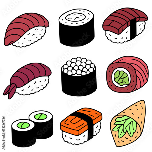 Vector Illustration, Collection of 9 Sushi