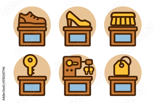 Creative icons representing various items showcased in a display setting