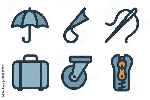 Illustration of essential travel items including an umbrella, a zipper, and a suitcase for a convenient journey