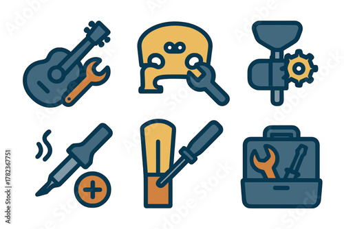 Tools and instruments for craftsmanship displayed in a creative arrangement showing various repair activities