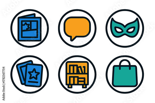 Colorful icons representing different activities like storytelling, masks, books, and shopping