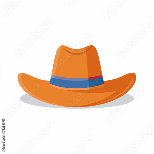 Vibrant orange western hat with blue red band flat vector illustration summer fashion accessory