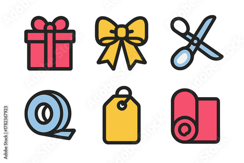Colorful gift wrapping elements including scissors, ribbons, and tags for festive occasions