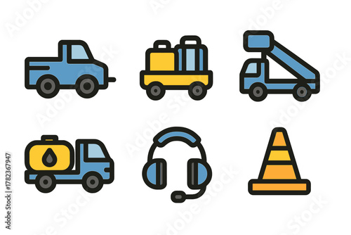Colorful icons of transport vehicles and equipment commonly seen at construction sites or airports