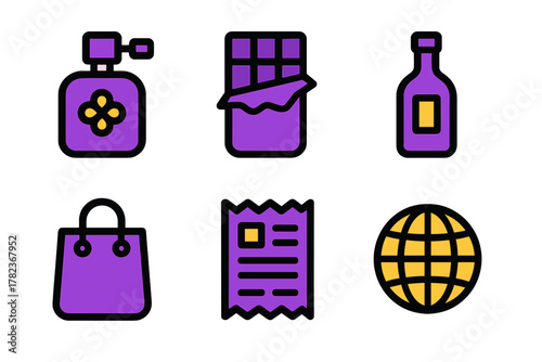 Various purple items including perfume, chocolate, sauce bottle, shopping bag, receipt, and globe in a creative arrangement