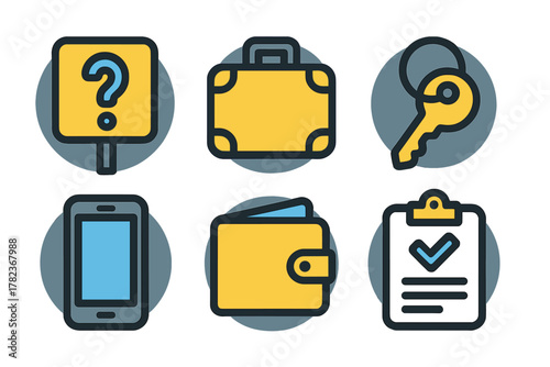 Stylized icons representing travel essentials and information in vibrant colors for digital use