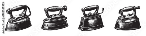 A collection of vintage irons showcasing historical designs and craftsmanship.
