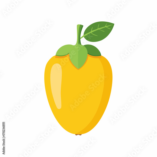 Vibrant yellow bell pepper with green stem and leaves, simple illustration, flat design