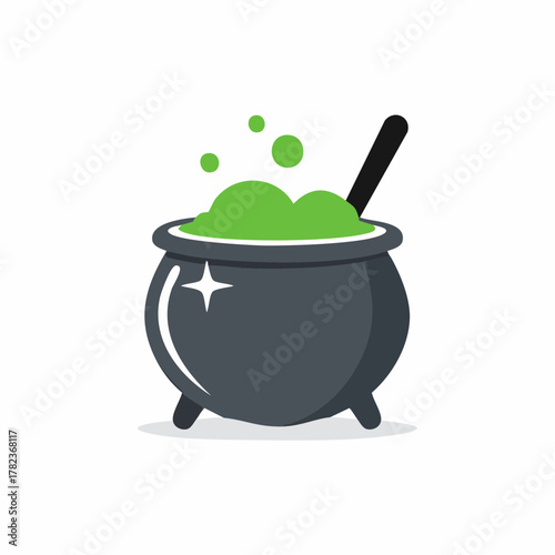 Cartoon cauldron with potion and bubbles Halloween magic, witch's pot with stirring spoon vector