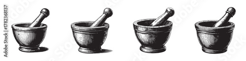 A series of four vintage mortar and pestle illustrations showcasing their design and craftsmanship.