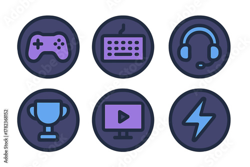Colorful gaming icons representing popular gaming equipment and achievements in a modern design style
