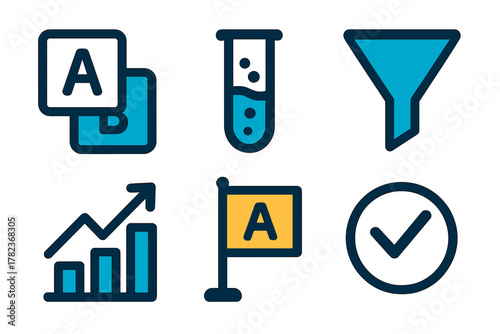 Various icons showcasing elements of data analysis, including growth, experimentation, and refinement in a clear visual style