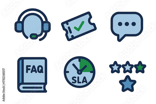 Customer support icons representing ticketing, chat, and service level management for effective communication