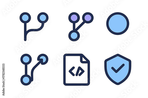 Graphics showing various tech symbols representing branching, coding, and security in a digital environment