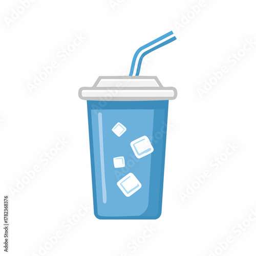 Refreshing blue icy beverage in a disposable cup with straw and ice cubes illustration
