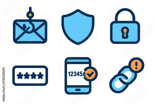 Security icons represent phishing, protection, encryption, and verification for digital safety across various platforms