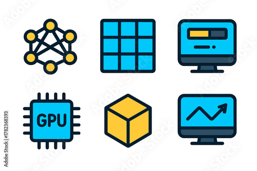 Visual representation of technology concepts including neural networks, data processing, and performance analytics