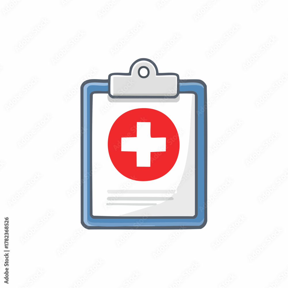 Fototapeta premium Vibrant cartoon medical clipboard with red health cross symbol representing healthcare services