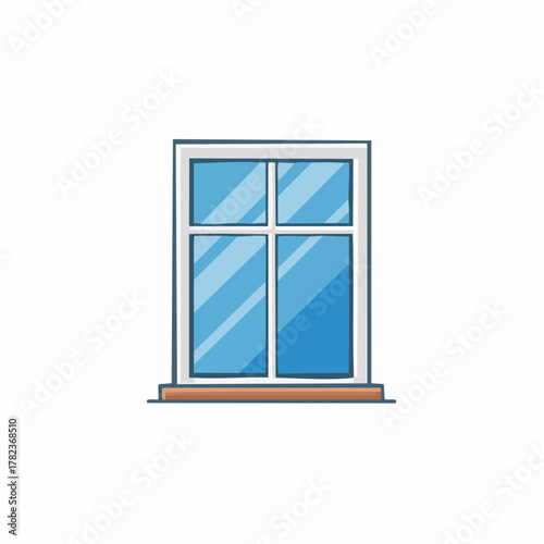 Colorful Cartoon Window Illustration with White Frame Blue Glass and Brown Sill