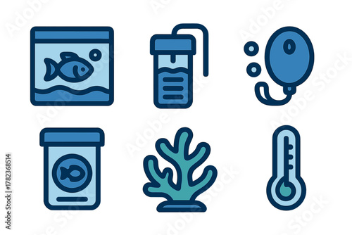 Various icons representing an aquarium setup with fish, water quality tools, and coral in a simple design
