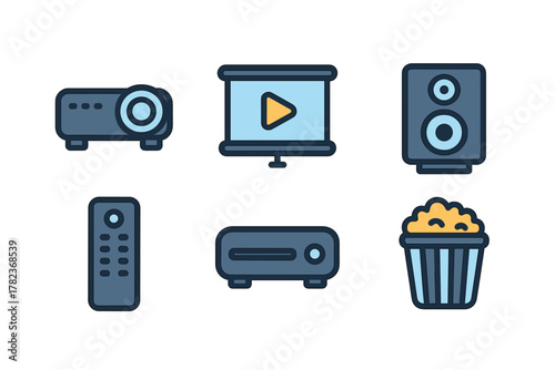 Home theater equipment for a perfect movie night setup with projector, screen, speakers, and snacks