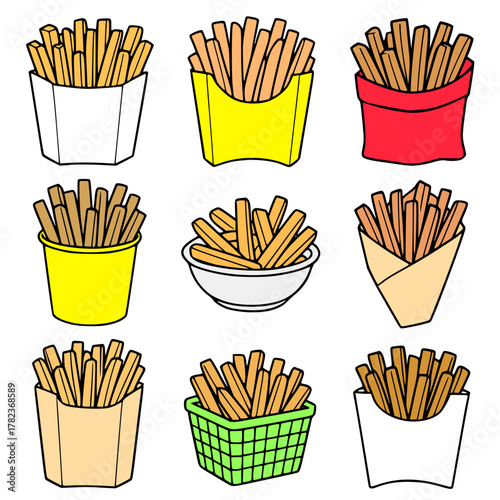 Vector Illustration, Collection of 9 French Fries in a Container