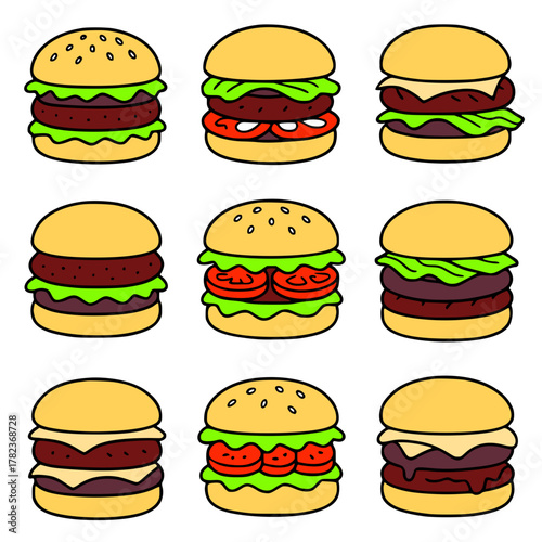 Vector Illustration, Collection of 9 Burgers