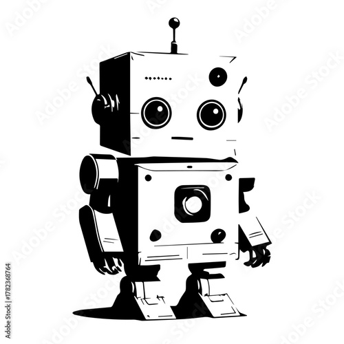 Charming blocky robot illustration with large round eyes and a top antenna, standing.