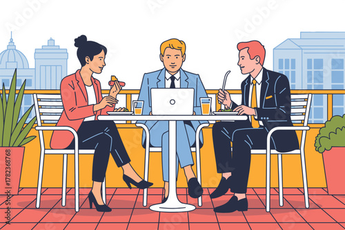 Business People Team Lunch on Rooftop Terrace Cafe with City Skyline View. Modern Minimalist Line Art Vector Illustration.