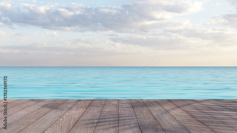 Fototapeta premium Wooden deck by the sea, with sky and a bright clear sea as a backdrop, a horizontal line of calm and peaceful time to present your product. 3d illustration.