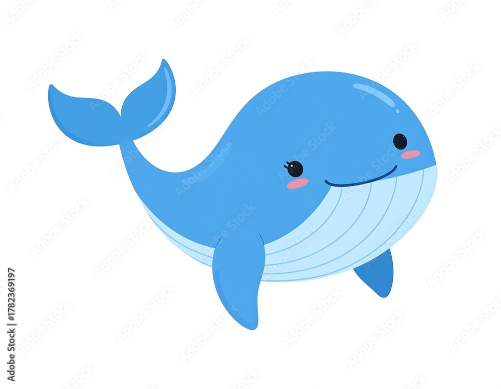 Obraz premium A cute, light-blue cartoon whale is shown smiling on a white background, with small rosy cheeks and simple lines