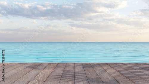 Wooden deck by the sea, with sky and a bright clear sea as a backdrop, a horizontal line of calm and peaceful time to present your product. 3d illustration.