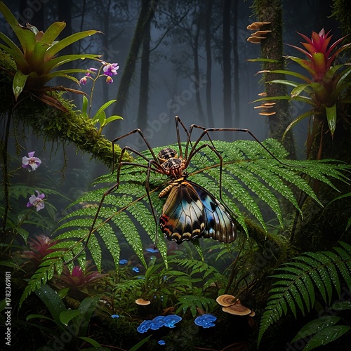 Spider Capturing Butterfly in Lush Rainforest Habitat.