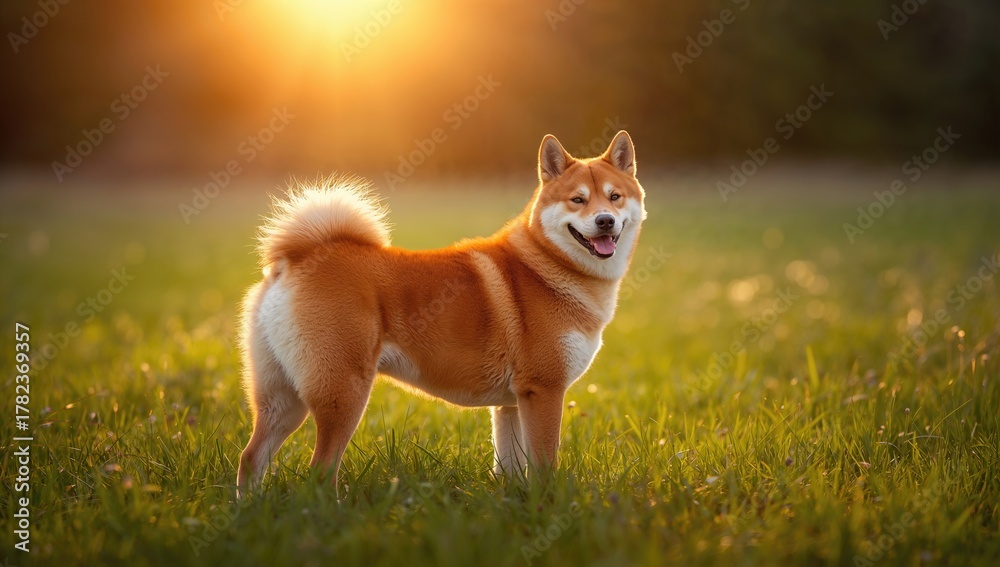 Fototapeta premium Close-up portrait of a beautiful red dog in a field during a golden sunset, capturing summer's warmth