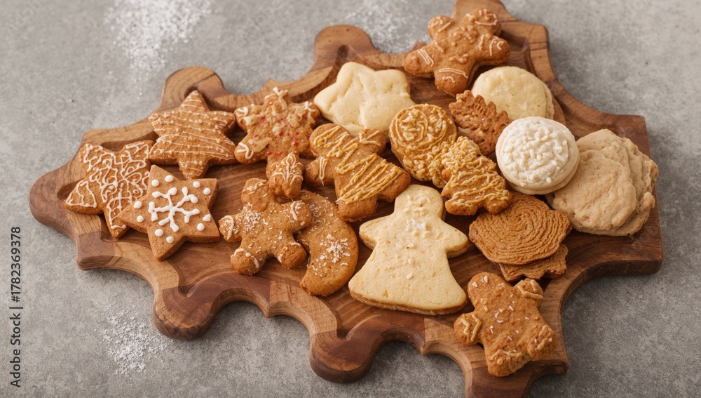 Fototapeta premium Christmas cookies and gingerbread shaped like a pine tree on a wooden plate, seasonal treat for festive celebrations