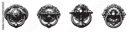 Elegant black and white illustrations of four vintage door knockers in intricate designs.