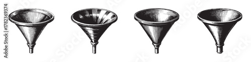 Collection of vintage metal funnels in different sizes and styles, showcasing unique designs.